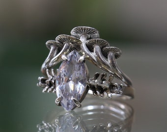 Marquise Moissanite 925 Silver Ring Set, Mushroom Spine Bone Design