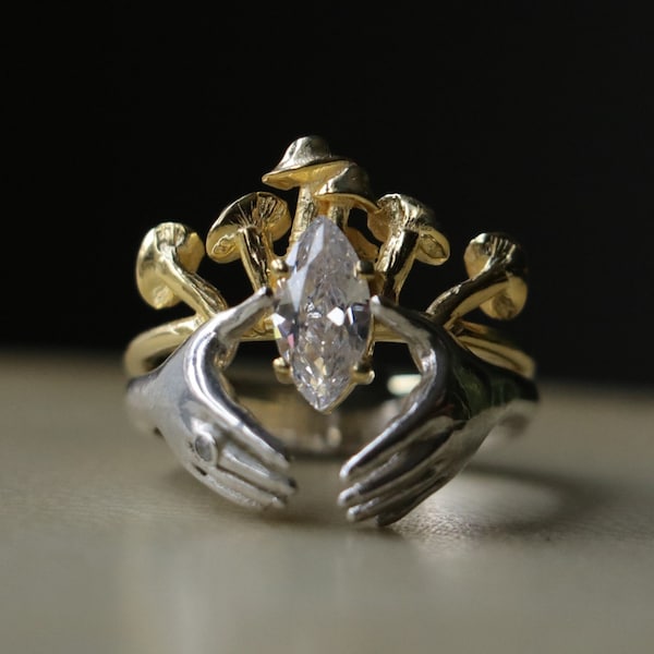 Gold Plated Mushroom Ring Set Marquise Moissanite 925 Silver Ring Set, Gold Magic Mushroom Jewelry Set, Gold Ring Set, 14k Gold Mushroom Set