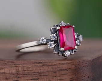 Oxidized Sterling Silver Ruby and Moissanite Ring, Vintage Gothic Jewelry