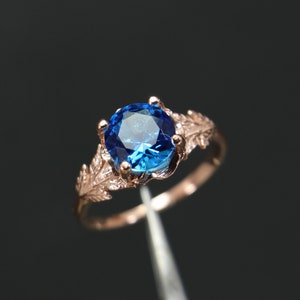 Blue Topaz Rose Gold Plated Silver Ring, Branch and Leaves Engagement Ring, 14K London Blue Topaz Ring, Fiancee Gift, Delicate Leaf Ring