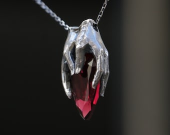 925K Silver Drop Garnet Necklace, 925K Silver Hands Design Necklace, 925K Silver Unique Ruby Necklace, 925K Sterling Silver Garnet Necklace
