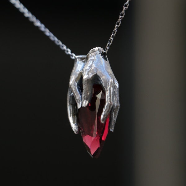 925K Silver Drop Garnet Necklace, 925K Silver Hands Design Necklace, 925K Silver Unique Ruby Necklace, 925K Sterling Silver Garnet Necklace