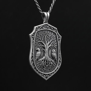 Tree of Life Pendant 925 Sterling Silver, Raven Owl Shield Amulet Norse Talisman