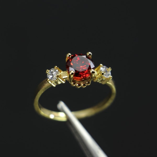 925 Silver Gold Plated Ruby Ring, 18K Gold Plated Red Garnet Birthstone Ring, Diamond Ruby Princess Diana Ring, Gift for Her, Genuine Ruby