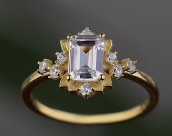 Moissanite Emerald Cut Gold Vermeil Ring, Birthstone Jewelry