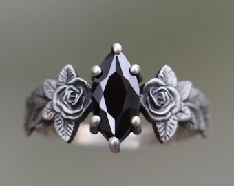 925 Silver Marquise Onyx Flower Ring, Alternative Engagement