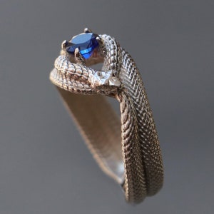 Sapphire Ouroboros Snake Ring, Sapphire Ouroboros, Snake Eating Its Own Tail Sterling Silver Handmade Ring, Sapphire Mythological Snake Ring