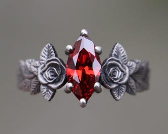 Pierścionek ze srebra z rubinem, pierścionek z rubinem markiza ze srebra próby 925, pierścionek z rubinem kwiatowym, pierścionek ze srebra z czerwonym kamieniem, alternatywne pierścionki zaręczynowe z rubinem, wyjątkowy pierścionek