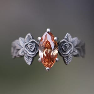 Anillo marquesa de plata 925 con hoja de citrino, anillo de citrino con flor, anillo de plata con piedra naranja, anillo de compromiso alternativo de citrino, anillo de citrino