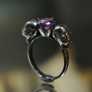Skull Black Amethyst 925 Silver Ring, Oxidized Silver Ring, Gothic Silver Ring, Silver Witch Ring, Gift For Witch, Ring for Witch
