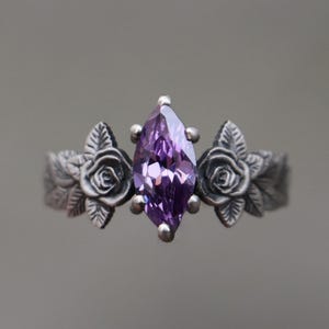 Amethyst 925 Silver Marquise Ring, Flower Amethyst Ring, Purple Stone Silver Ring, Alternative Amethyst Engagement Ring,Unique Amethyst Ring image 1