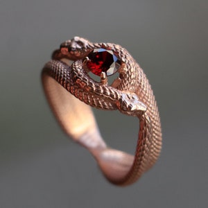 Rose Gold Plated Ruby Ouroboros Snake Ring, Ouroboros, Snake Eating Its Own Tail Sterling Silver Handmade Ring, Mythological Snake Ring