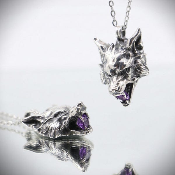 Wild Wolf 925 Silver with Amethyst Mens Necklace, Best Wolf Men Necklace