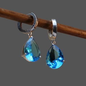 Natural Blue Topaz Earrings, Handmade Earrings, 925 Sterling Silver, Teardrop Blue Topaz Earrings, Gift for her, Dangle-Drop Earrings