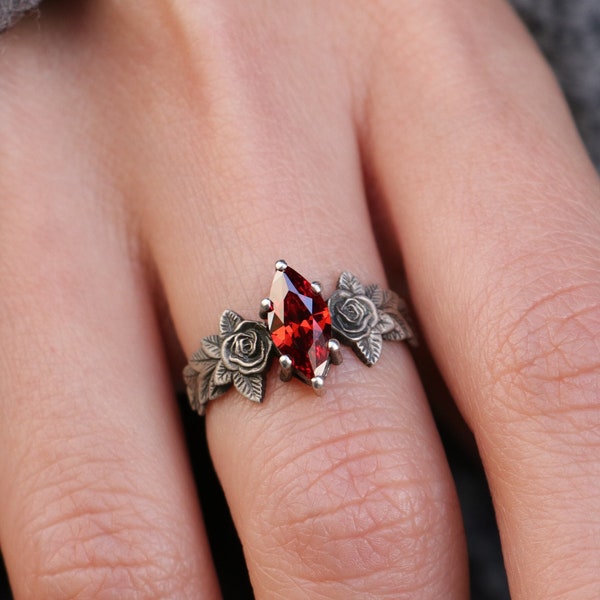 925 Silver Marquise Garnet Ring, 14k White Gold Plated Garnet Ring, Special Jewelry, Marquise 5x10mm Red Garnet Ring, Garnet Engagement Ring