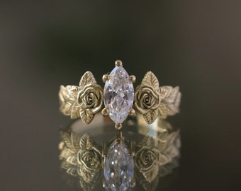 Moissanite Rose Blume Ring, vergoldete Silber Moissanite Ring, Verlobungsringe, Einzigartige Heiratsantrag Ring, 14k Gold Verlobungsring
