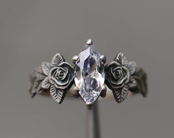 Moissanite Rose Leaf 925 Silver Marquise Ring, Flower Moissanite Ring, Colorless Stone Silver Ring, Alternative Moissanite Engagement Ring