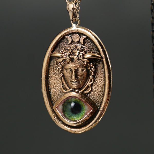 Medusa Glass Eye Locket Necklace, Triple Moon Witch Locket, Medusa Necklace, Handmade Necklace, Witch Jewelry, Beautiful Style Jewelry