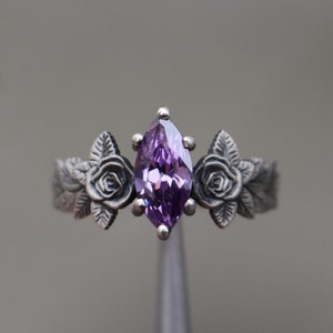 Amethyst 925 Silver Marquise Ring, Flower Amethyst Ring, Purple Stone Silver Ring, Alternative Amethyst Engagement Ring,Unique Amethyst Ring