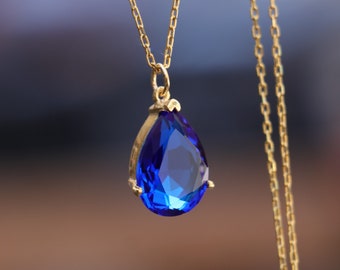 Blue Sapphire Necklace, 925 Silver 18k Gold Plated, Dainty Genuine Sapphire Pendant, Anniversary Gift for Her, Gift Mom,Gold Plated Necklace