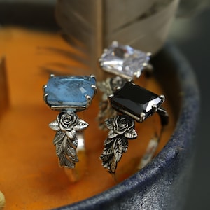 Rose Emerald Aquamarine Leaves Ring, Emerald Moissanite 14k Ring, Wild Nature Ring, Sterling Silver Onyx Leaf Ring, Silver Ring Women