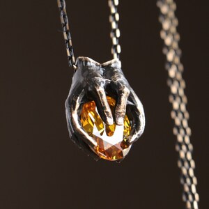 Hands Necklace For Witch, Citrine Necklace, Bronze Jewelry For Yoga Teacher, Citrine Gemstone, Unique Design For Art Maker, Art Necklace