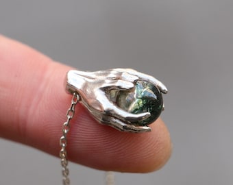Moss Agate Hand Pendant, Moonstone 925 Silver Necklace