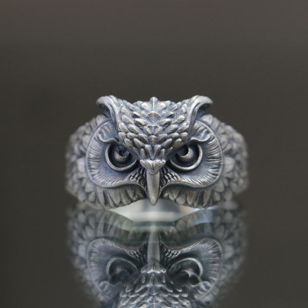 925 Oxidized Silver Owl Men Ring, Cool Birds of Prey Ring For Boyfriend, Engraved Animal Ring For Men, Pinky Bird Ring, Husband Ring Gift