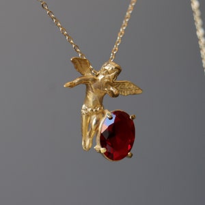 Ruby Stone Angel Pendant: 18k Gold Plated Cherub Charm