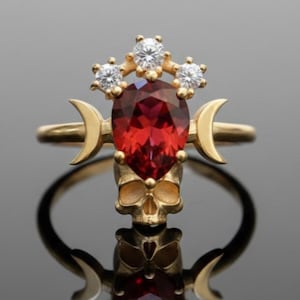 Könnte beinhalten: Ein goldener Ring mit einem birnenförmigen, tiefroten Edelstein, akzentuiert mit drei kleineren, klaren Steinen und Halbmonddetails. Unter dem Edelstein ist ein Totenkopf zentriert. Der Ring wird auf einer reflektierenden Oberfläche präsentiert.