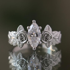 Anillo de moissanita con forma de hoja de rosa y marquesa en plata 925, anillo de moissanita con forma de flor, anillo de plata con piedra incolora, anillo de compromiso con moissanita alternativa.
