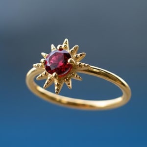 Ruby Sun Ring, Gold Plated Silver, Dainty Garnet Ring