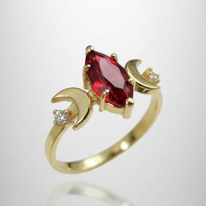 Handmade Ruby Triple Moon Ring, 14k Gold Plated 925 Silver