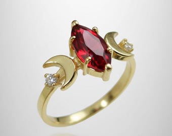 Handmade Ruby Triple Moon Ring, 14k Gold Plated 925 Silver