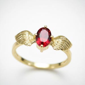 Gold Plated Angel Wings Ruby Ring, Boho Ethnic Style