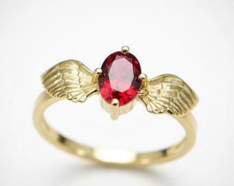 Anillo de rubí con alas de ángel chapado en oro, estilo étnico bohemio