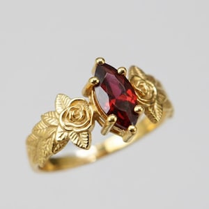 Handmade Marquise Ruby Rose Ring, 14k Yellow Gold Plated