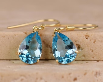 Pendientes artesanales de topacio azul en forma de lágrima, plata de ley 925
