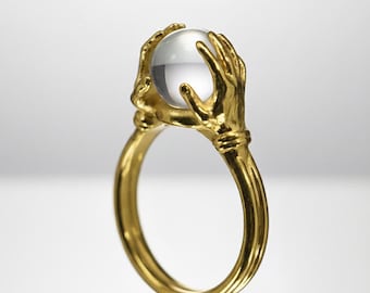 Handmade Gold Plated Witch Ring, Clear Quartz Ball