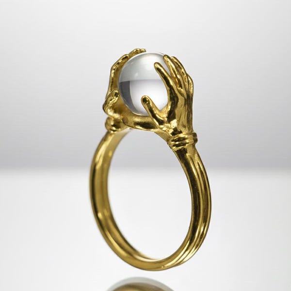 Handmade Gold Plated Witch Ring, Clear Quartz Ball