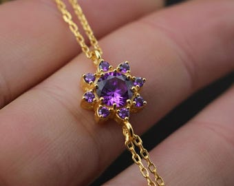 アメジストブレスレット：14Kゴールド細幅ウィートチェーン誕生石 