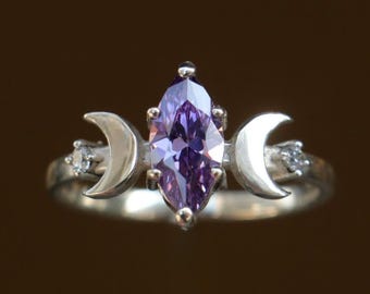 Marquise Amethyst Triple Moon Sterling Silver Ring, Handmade Solid Statement, Hecate Ring, Anniversary Amethyst Dainty Ring, Amethyst Ring