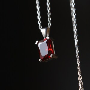 Pu&ograve; includere: Una collana con pendente in argento con una gemma rettangolare rosso scuro. La gemma &egrave; incastonata in una lunetta d'argento e pende da una delicata catena d'argento. Lo sfondo &egrave; nero.