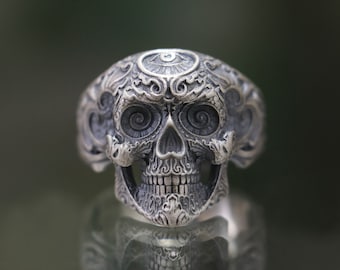 Bague tête de mort en argent sterling 925, bague tête de mort faite main, bague homme tête de mort en argent, bague motard en argent, bague grand homme, bague à graver Memento Mori