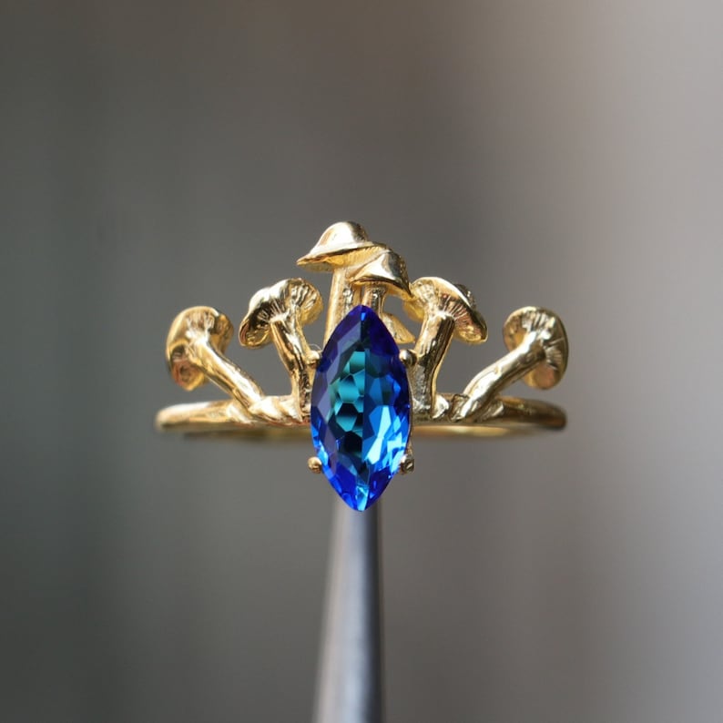 925k Sterling Silver Gold Plated Mushroom Marquise Sapphire Ring, Silver Magic Mushroom Jewelry, Oyster Mushroom Ring, Gold Sapphire Ring image 1