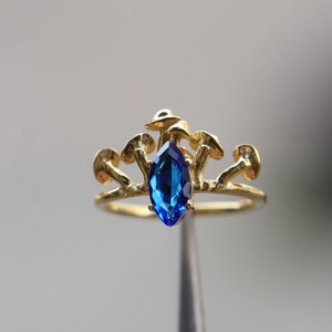 925k Sterling Silver Gold Plated Mushroom Marquise Sapphire Ring, Silver Magic Mushroom Jewelry, Oyster Mushroom Ring, Gold Sapphire Ring image 2