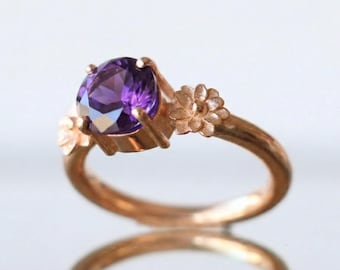 Rose Gold Plated Amethyst Lotus Ring, 925 Silver Engagement Ring