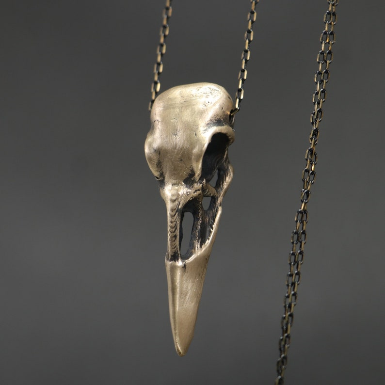 May include: A gold-toned pendant necklace featuring a detailed bird skull charm. The chain is made of a dark metal.