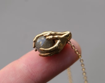 Minimalist Labradorite Gold Plated Hand Necklace, Moss Agate Hand Pendant, Moonstone Minimalist Hand Necklace, Minimalist Christmas Gift
