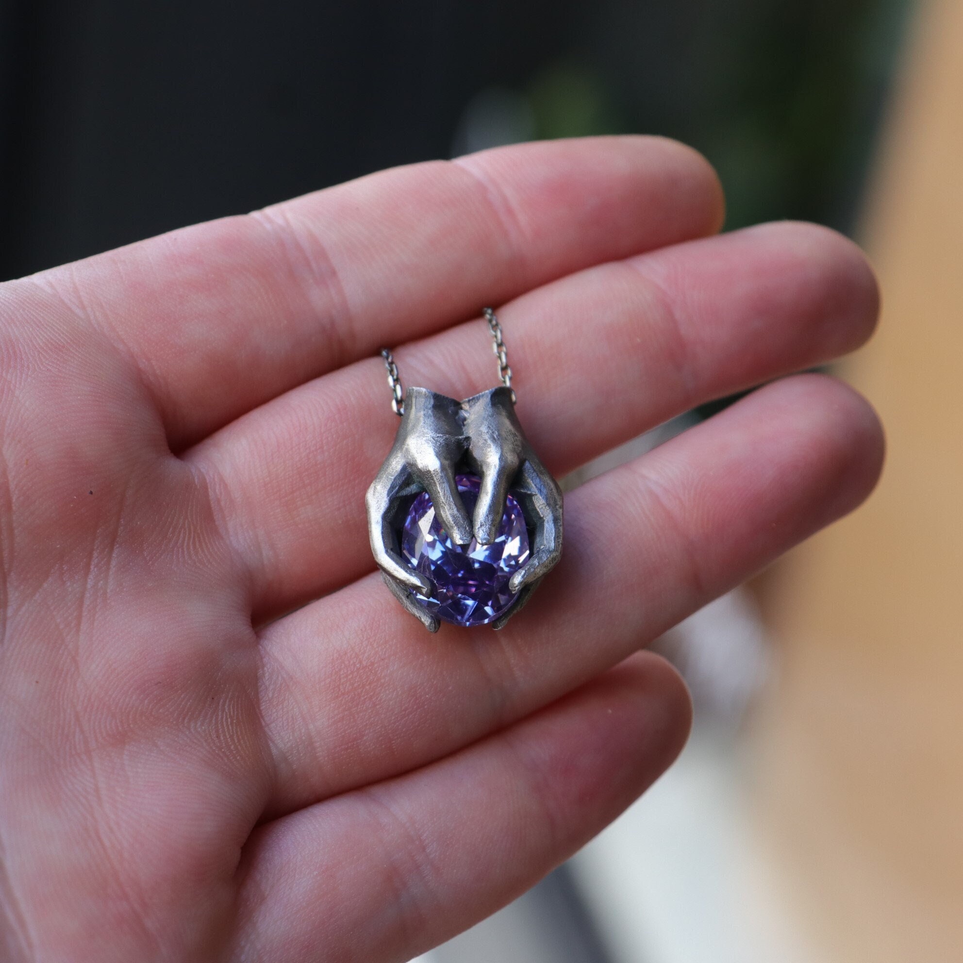 Hand Necklace, 925K Sterling Silver Amethyst Necklace, Unique Hands Necklace, Victorian Style Jewelry, Gem Necklace, Emerald, Amethyst